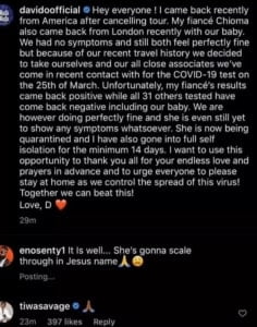 Tiwa Savage reacts to news of Davido's wife chioma testing positive to coronavirus. 2
