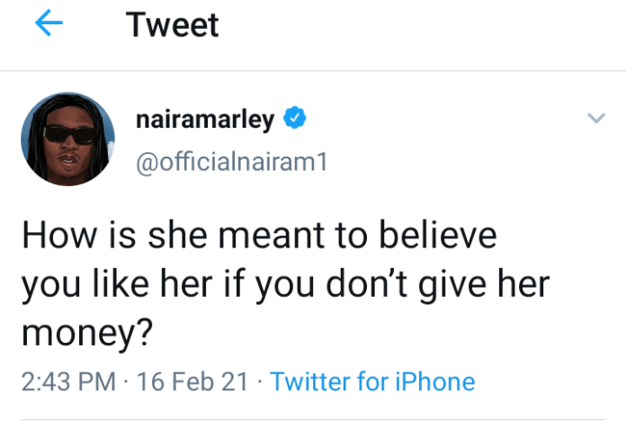 Women always think you don't love them if you don't give them money - Naira Marley 1