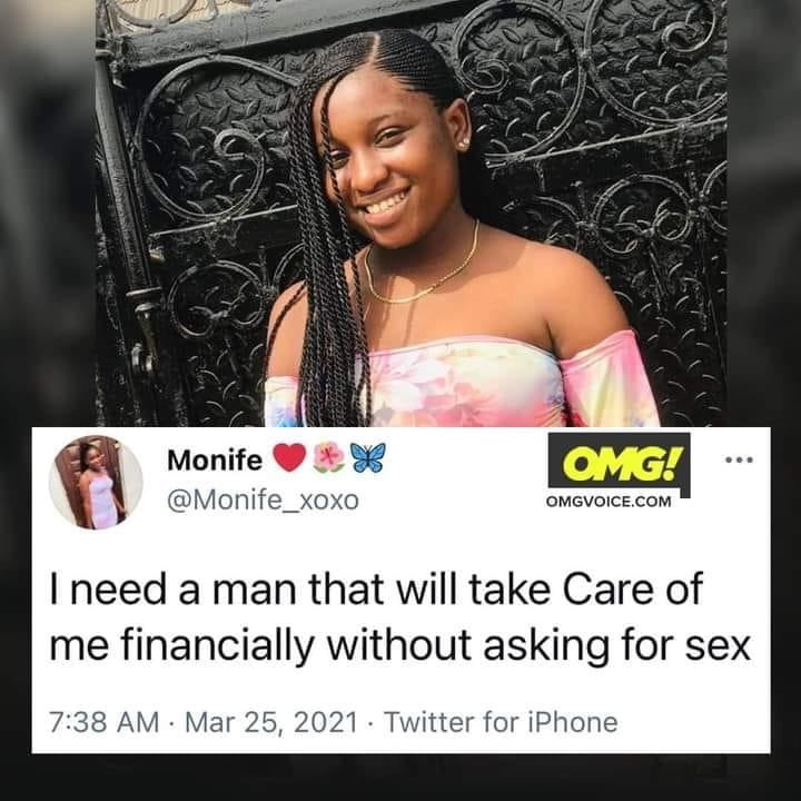 "I need a man who can take care of me without asking for sex"- Pretty lady reveals 1