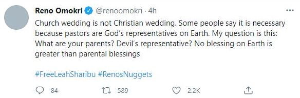 “Church wedding is not a Christian wedding” – Reno Omokri claims 2